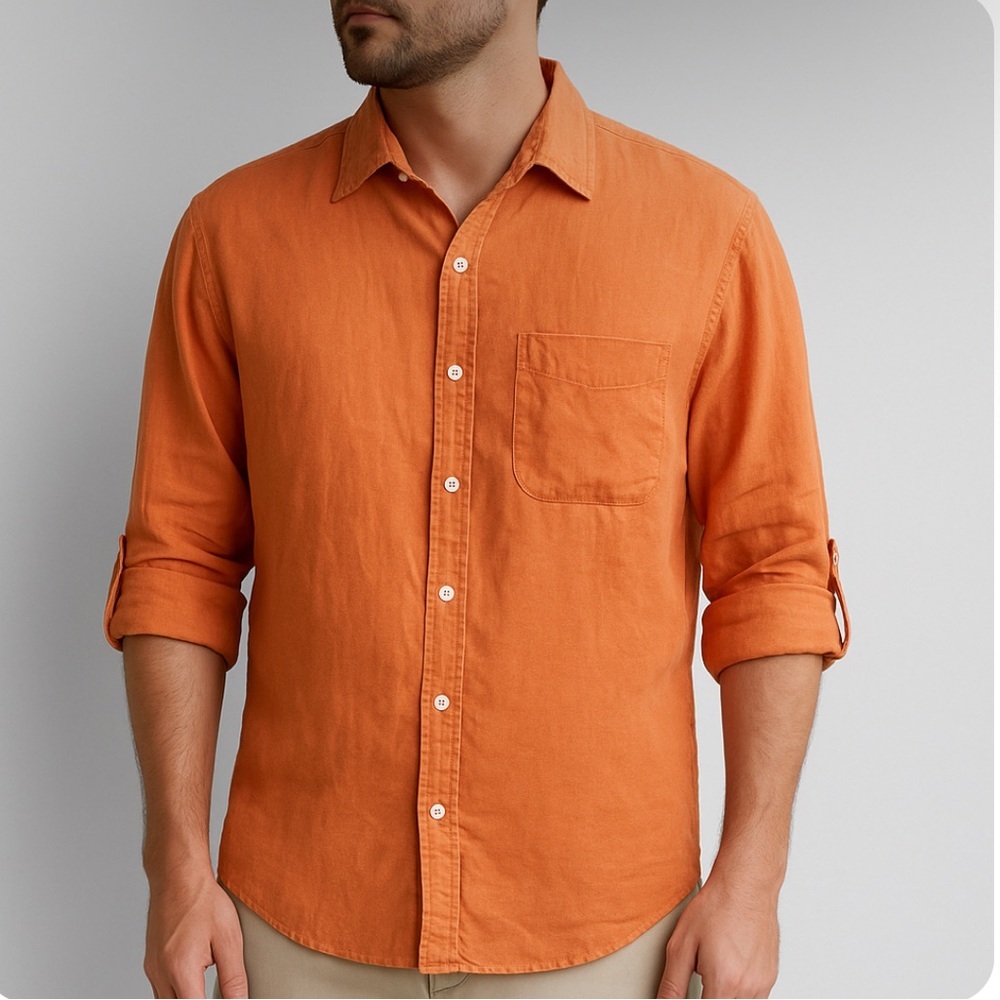 * Tasso Elba Island Mens Orange LinenBlend Button-Up Shirt L 16-16.5 Roll sleeve